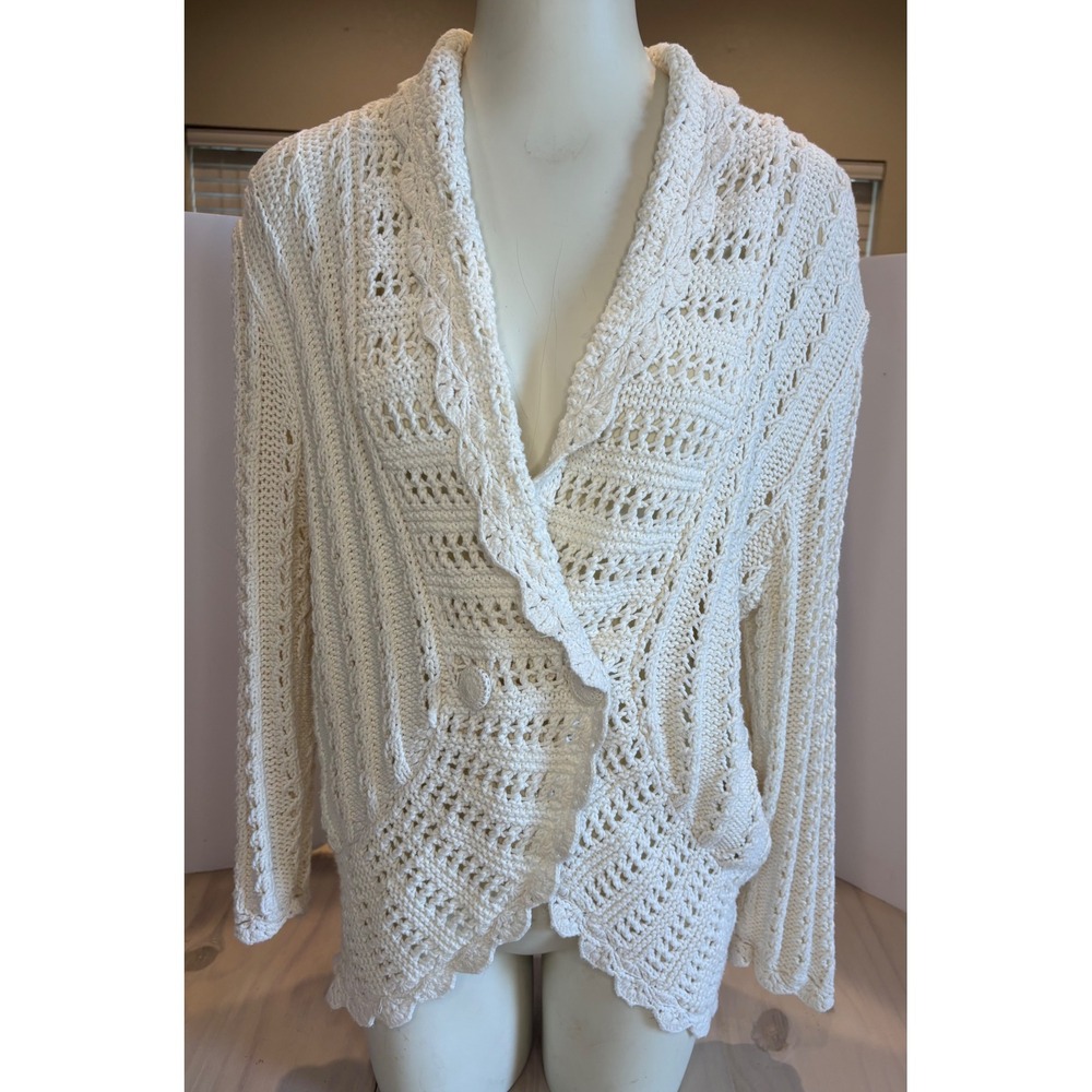 Sigrid Olsen L Cream Cotton Open Knit Crochet Cardigan Sweater Cottagecore Y2K